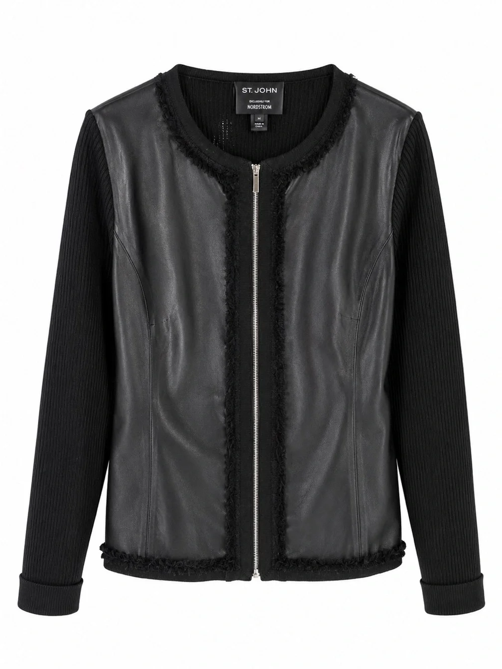 St. John (Nordstrom) Black Leather-Front Zip Wool sleeve jacket US 12